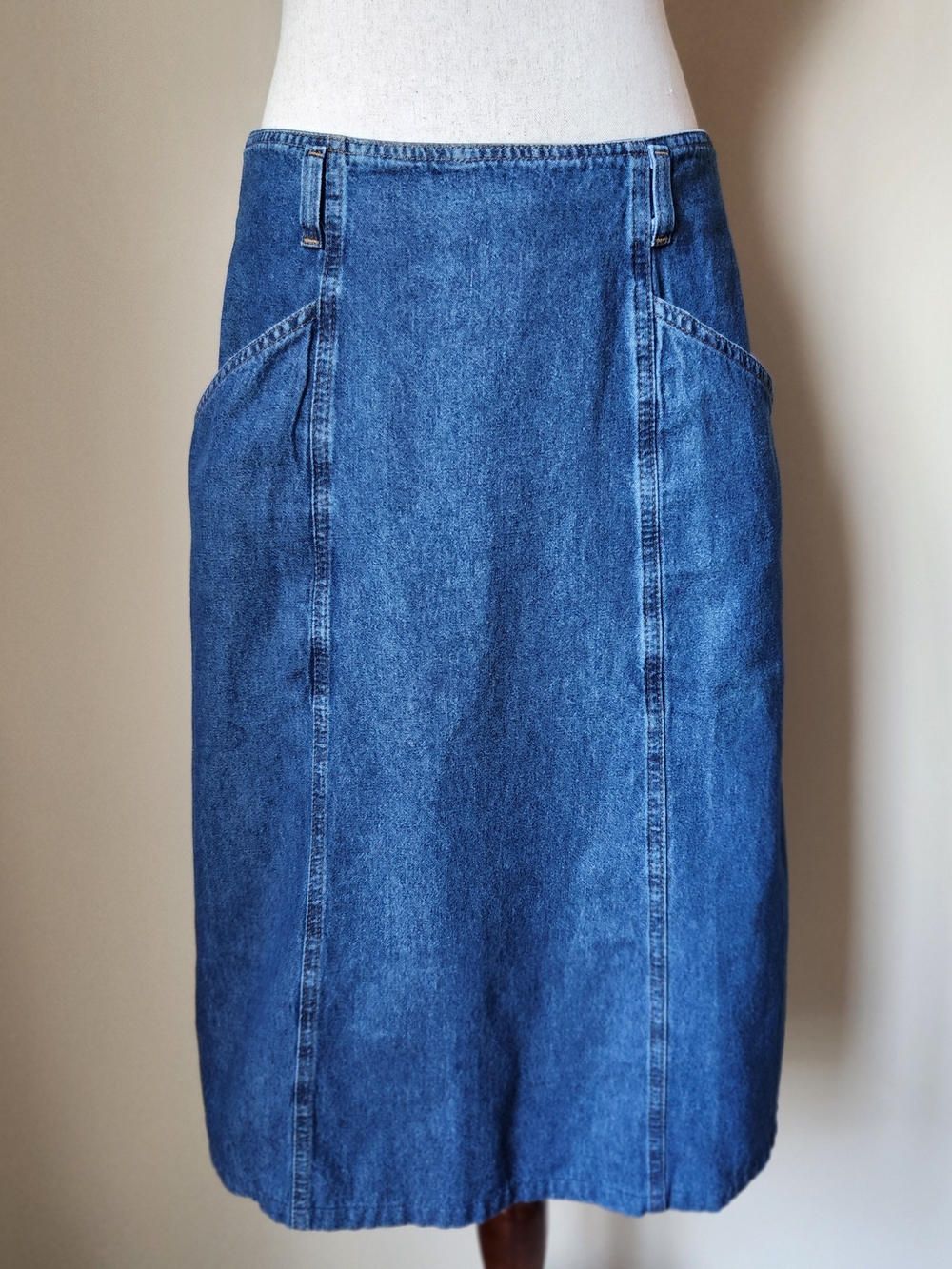 Vintage Denim Midi Skirt 90s Made in USA Cotton 12 Medium Sun River Clothing Co